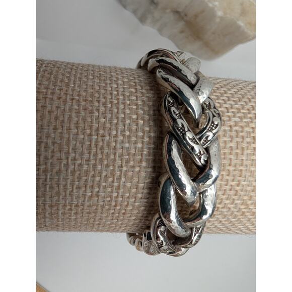 Brighton Silver Tone Interlocking Curb Chain Bracelet Hammered Engraved Box - Picture 5 of 12